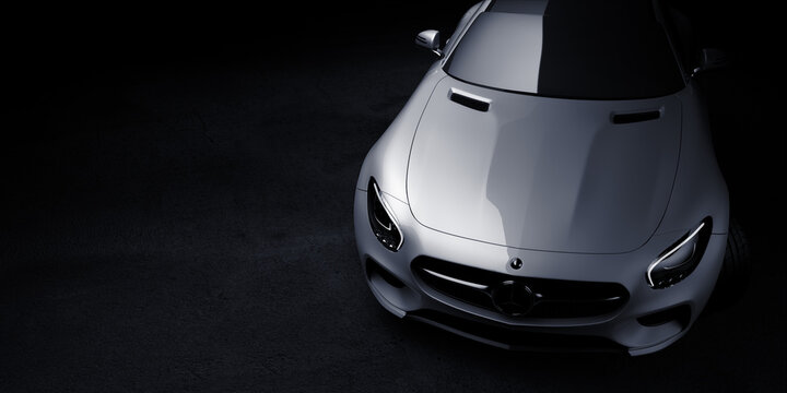 Gray Sportcar on dark background for background page, brochure template, booklet, flyer. 3D render.