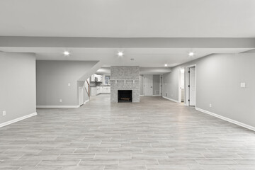 Empty Basement with fireplace grey interior