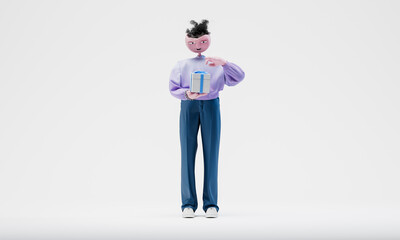 Awesome Travor unties a bow on a gift box. Celebration concept. Highly detailed fashionable stylish abstract character isolated on white background. 3d rendering