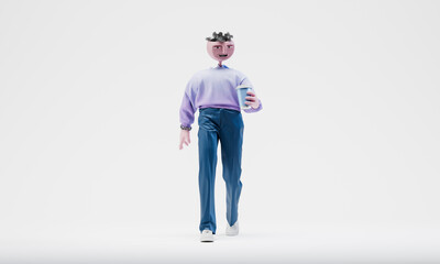 Awesome Travor goes happy with takeaway coffee cup. Concept of happiness. Highly detailed fashionable stylish abstract character isolated on white background. 3d rendering