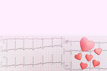 Electrocardiography ECG. Heart lies on the cardiogram. Place for your text. Caring for the health...