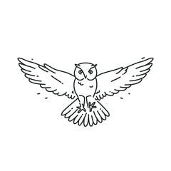 Black vector hand-drawn outline silhouette. Isolated vector line art owl illustration on white background. Flying owl with spread wings. Tattoo, card, sticker concept.