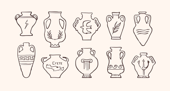 Hand-drawn ancient greek vases. Set of ceramic vases of different shapes. Collection of outline silhouettes. Isolated vector amphorae and jugs on a color background. 