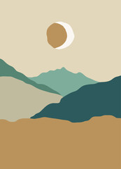 Beautiful abstract landscape, background or card template in modern colors, in popular art style