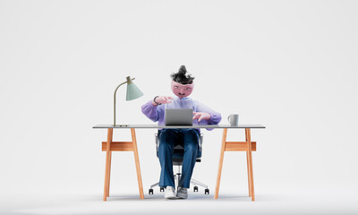 Awesome Travor working on a laptop at a desk. Highly detailed fashionable stylish abstract character isolated on white background. 3d rendering