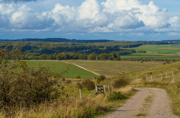 a view over English countryside with green fields, woodlands and a big blue and white cloud sky toward Everleigh from Sidbury Hill Wilts