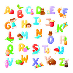 Vector collection of isolated cartoon letters of the English alphabet with colorful illustrations.