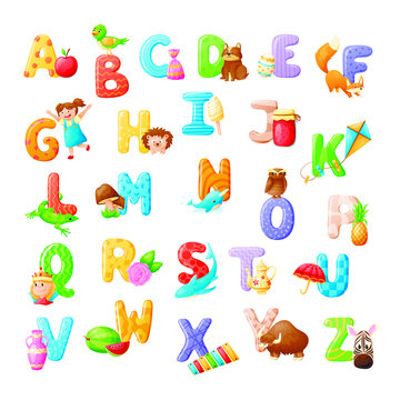 Vector collection of isolated cartoon letters of the English alphabet with colorful illustrations.