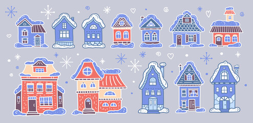 Winter illustration with cartoon buildings. Pink and blue houses in snowfall. Christmas home set. New year collection. Vector illustration. .
