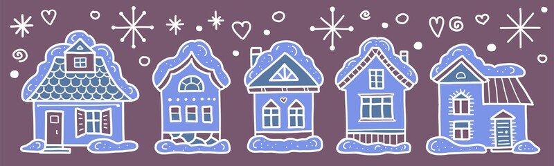 Winter village. Architecture with cute snow-covered houses. Christmas night. Vector clipart.