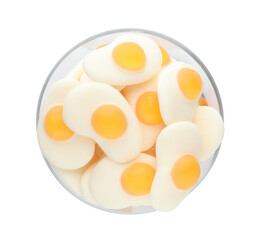 Bowl with tasty jelly candies in shape of egg on white background, top view