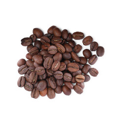 Pile of roasted coffee beans on white background, top view
