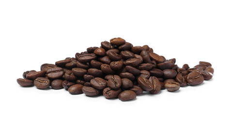 Pile of roasted coffee beans on white background