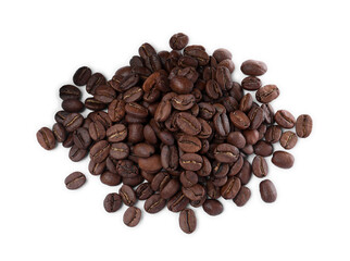 Naklejka premium Pile of roasted coffee beans on white background, top view