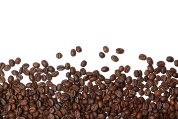Many roasted coffee beans on white background, top view