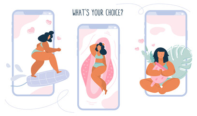 Concept vector set illustrations with body positive girls on tampon, sanitary pads and with menstrual cup. The menstrual period cycle or PMS is NORMAL