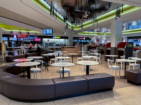 Cologne, Germany - October 28th 2021: Visiting the Rhein center shopping mall, taking pictures of the food court.