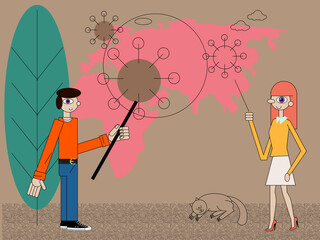corona virus concept, man and woman at world map showing and explaining illustration