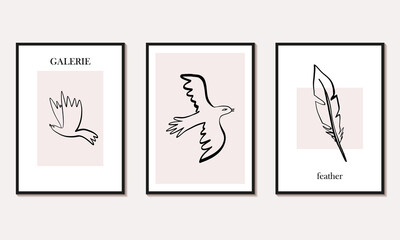 Line art minimalistic A4 poster set. Pigeon or dove bird, the symbol of peace, freedom, the fear as a metaphor of a lightness