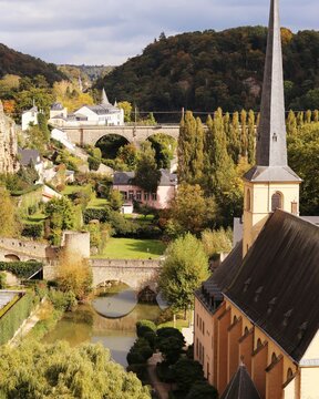 Luxembourg Grund Clausen view with banks of Alzette river