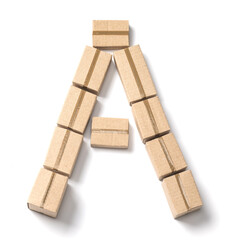 Letter A. Alphabet from cardboard boxes for delivery isolated on white background