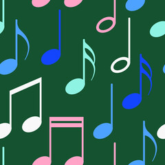 Musical notes are arranged on a green background. Seamless pattern for decorative pillows, textiles, fabrics. Vector.