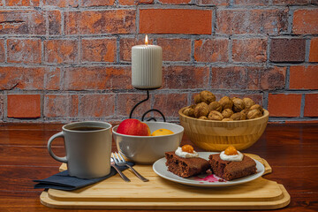 Autumn breakfast with coffee cake nuts and fruits
