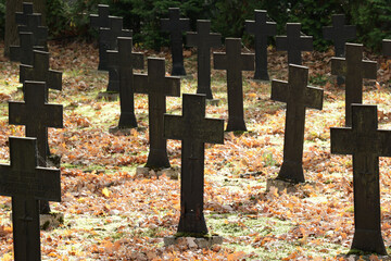 Stary stalowy krzyż na cmentarzu z wojskowym z pierwszej wojny światowej. - obrazy, fototapety, plakaty
