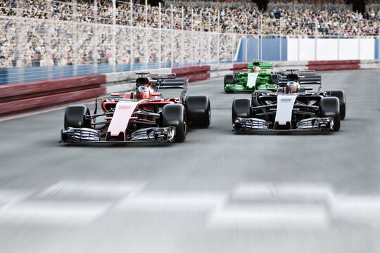Motor sports competitive team racing.Crowd cheering with fast moving generic race car's racing down the track towards the finish line with motion blur. 3d rendering .
