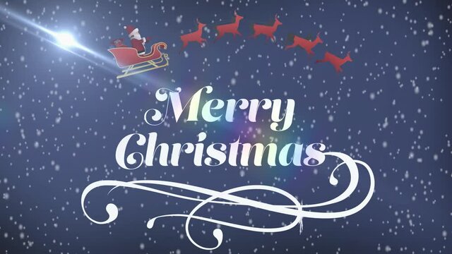 Animation of snow falling over merry christmas text and santa sleigh