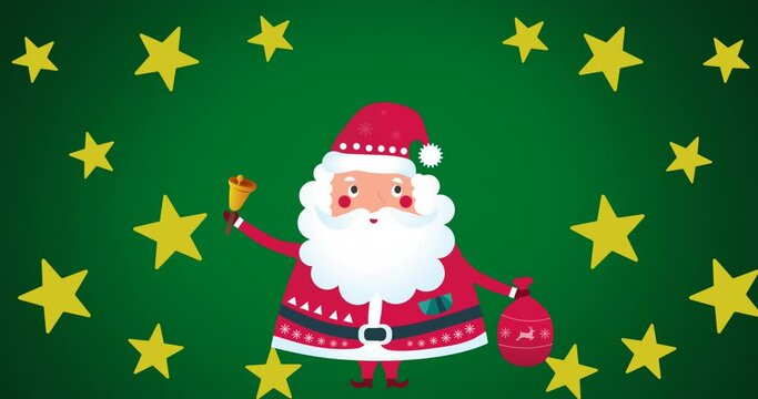 Animation of christmas stars and santa claus with bell on green background