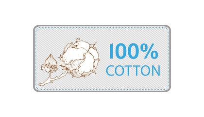 Cotton plant. Cotton flower on the label. Delicate pastel blue and beige tones. Vector illustration. 100 organic.