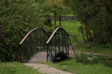 Fototapeta na wymiar Small bridge across the river in the park