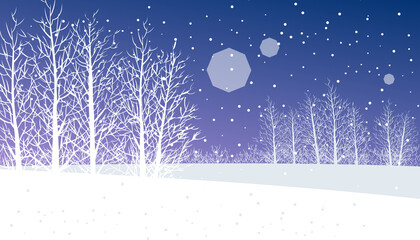 Snowy winter night trees and flat land, winter landscape illustration
