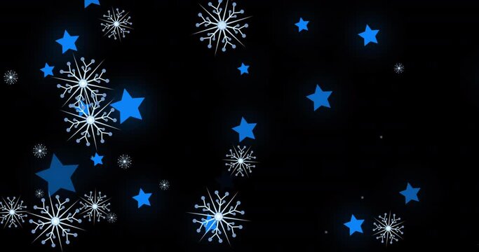Animation of christmas snowflakes and stars falling on black background