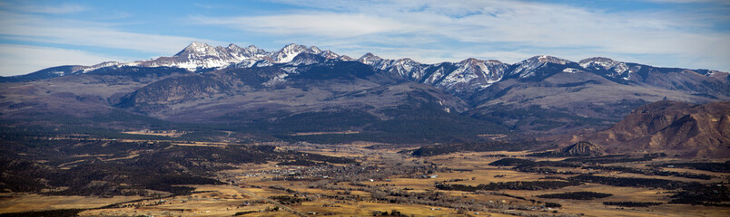 Town view of Cortez Colorado, snow mountain landscape