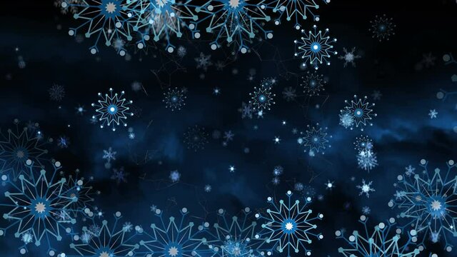 Animation of christmas snowflakes falling on dark blue background