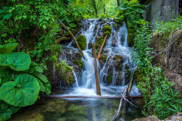 Close up of small waterfall on the Una river , summer in Croatia.