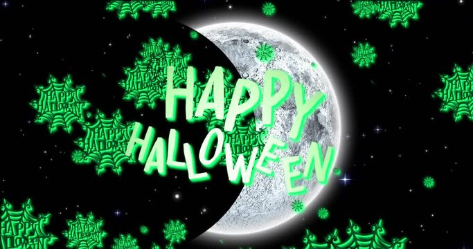 Animation of glowing happy halloween text with green spider webs, over full moon in night sky