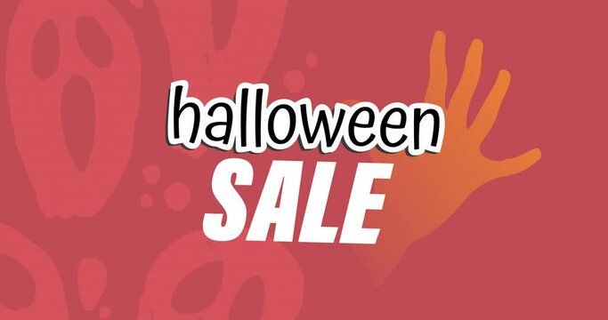 Animation of halloween sale text in white, over zombie hand and ghosts, on red background
