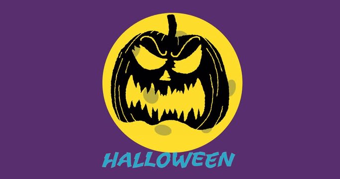 Animation of halloween text in blue with pumpkin head over full moon, on purple