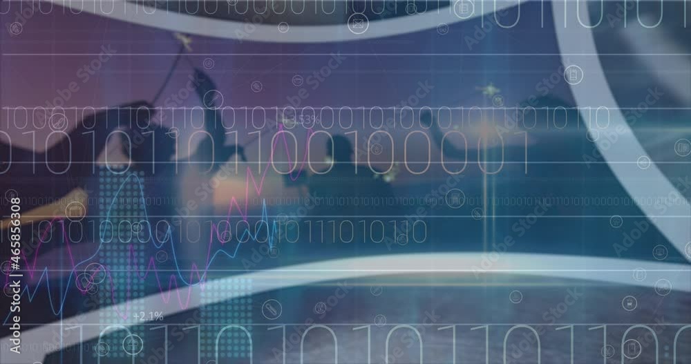 Poster animation of binary coding and data processing on screens over people dancing
