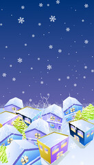 Small town viewed from above, illustration of winter landscape with snow in the night sky
