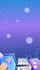 Snowy winter night landscape, night sky and small houses illustration
