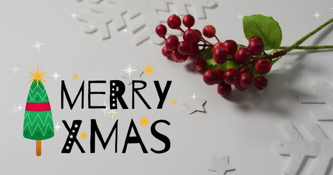 Animation of merry xmas greetings text over red berries and christmas decorations