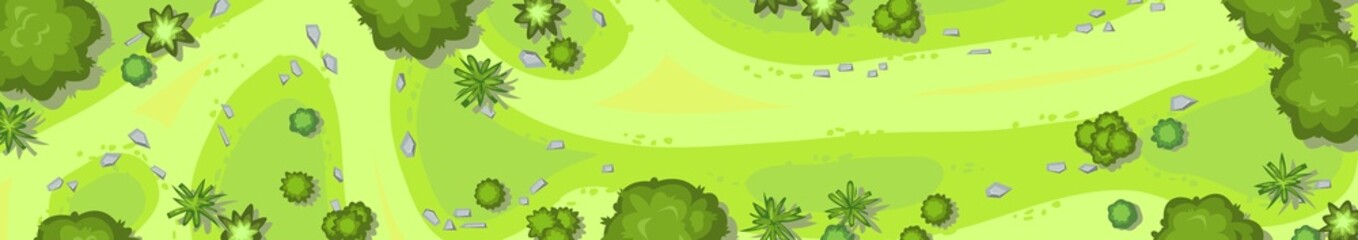 Beautiful green summer landscape with trees. View from above. Illustration in a flat style. Scenarios from above. Cartoon design. Vector