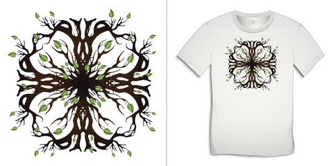 Print on t-shirt graphics celtic design, abstract tree with roots, isolated on background vector