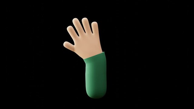 Cartoon 3d render hand waving hello or buy. Cartoon character gesture. Isolated alpha transparent background