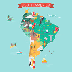 South America tourist map with country names.