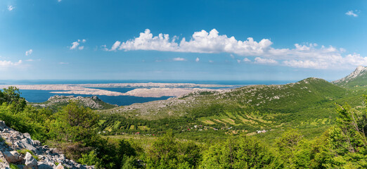 Panorama of adriatic sea and island in the background, Velebit Nature Park, Croatia.